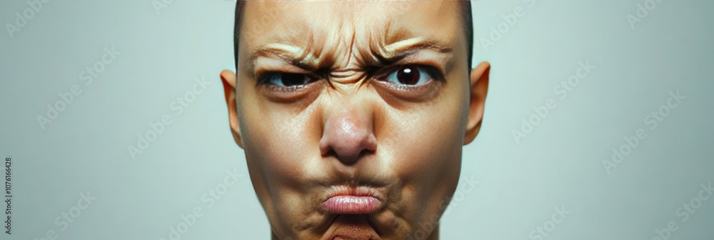 A person making a humorous, exaggerated facial expression. A person making a humorous, exaggerated facial expression.