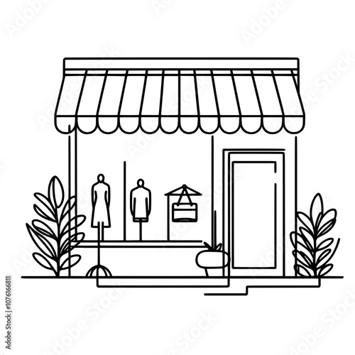Outline drawing of a boutique storefront with mannequins and potted plants