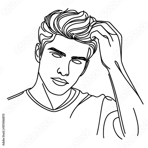 Minimalist line art portrait of a young man adjusting hair