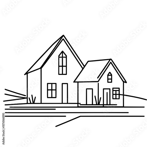 Minimalist line art of two adjacent houses in a quiet neighborhood setting