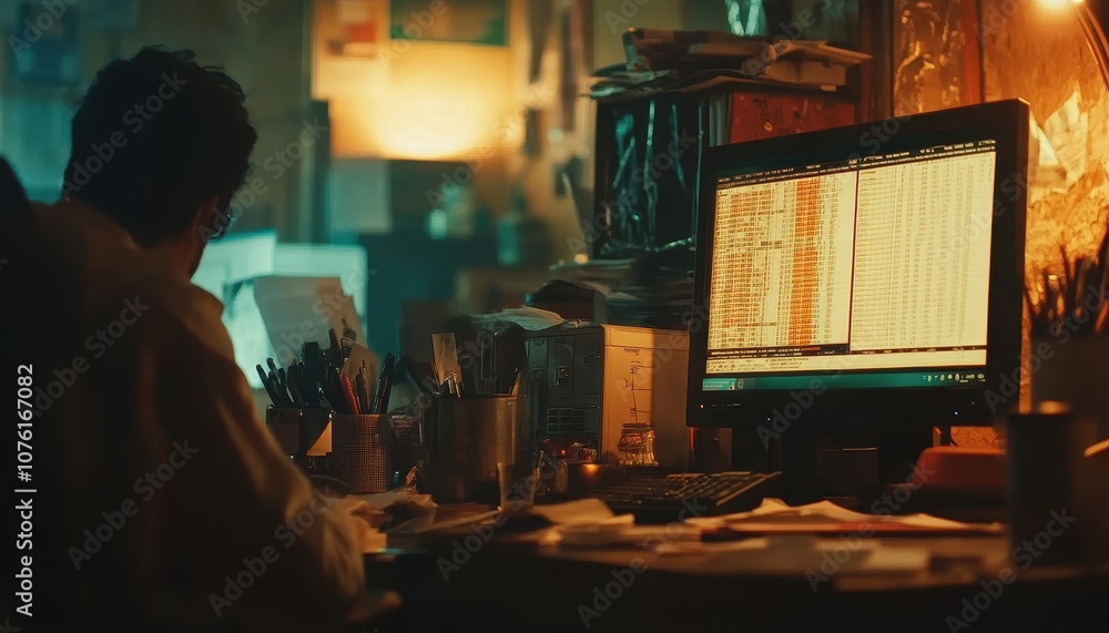 Man Working Late at a Computer. Man Working Late at a Computer.