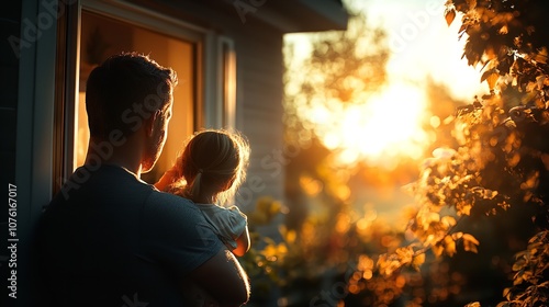 A heartwarming silhouette of a man holding a young child against a backdrop of a golden sunset, surrounded by lush greenery, evoking feelings of love and connection.