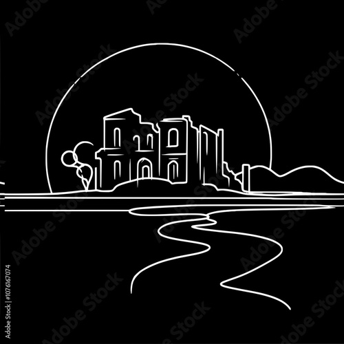 Minimalist outline of haunted mansion against moonlit sky photo