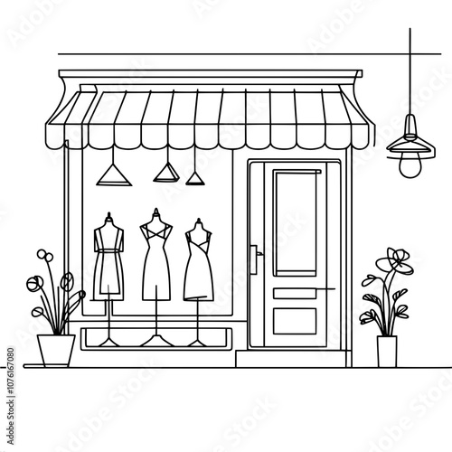 Minimalist line art of fashion boutique with dresses and decorative plants