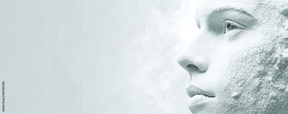 A close-up of a face covered in white, suggesting themes of purity or transformation. A close-up of a face covered in white, suggesting themes of purity or transformation.