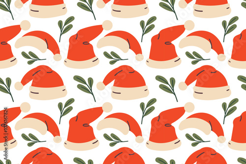 Christmas hat seamless pattern vector Santa Claus and branches cartoon tile background repeat wallpaper illustration gift wrapping paper scarf isolated design on white .