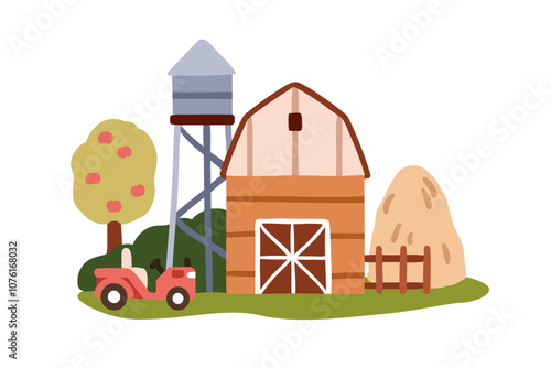 Farm buildings, barn, water tower, farmhouse. Hangar, agriculture constructio...