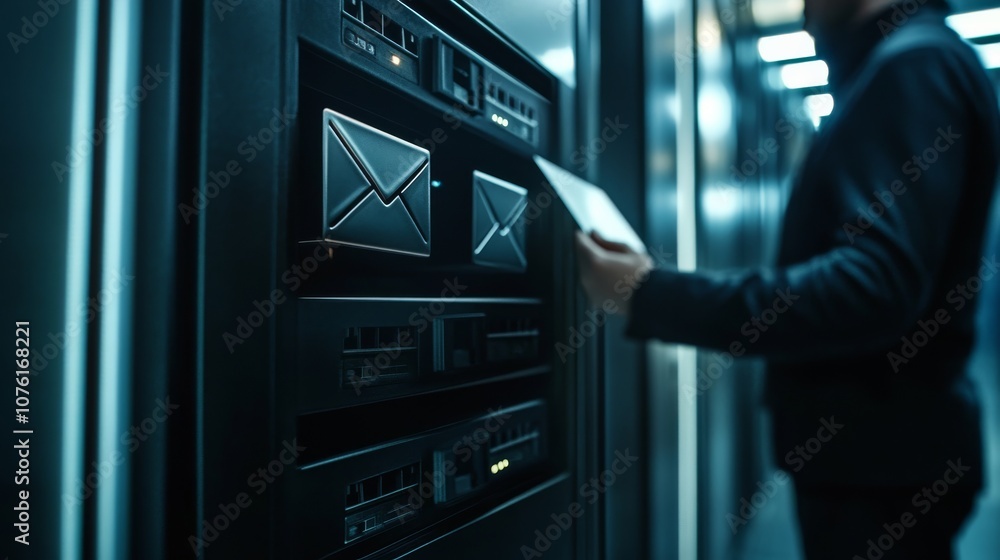 A person interacts with a digital mailbox in a sleek, modern environment, potentially in a corporate setting or advanced technology space. A person interacts with a digital mailbox in a sleek, modern environment, potentially in a corporate setting or advanced technology space.