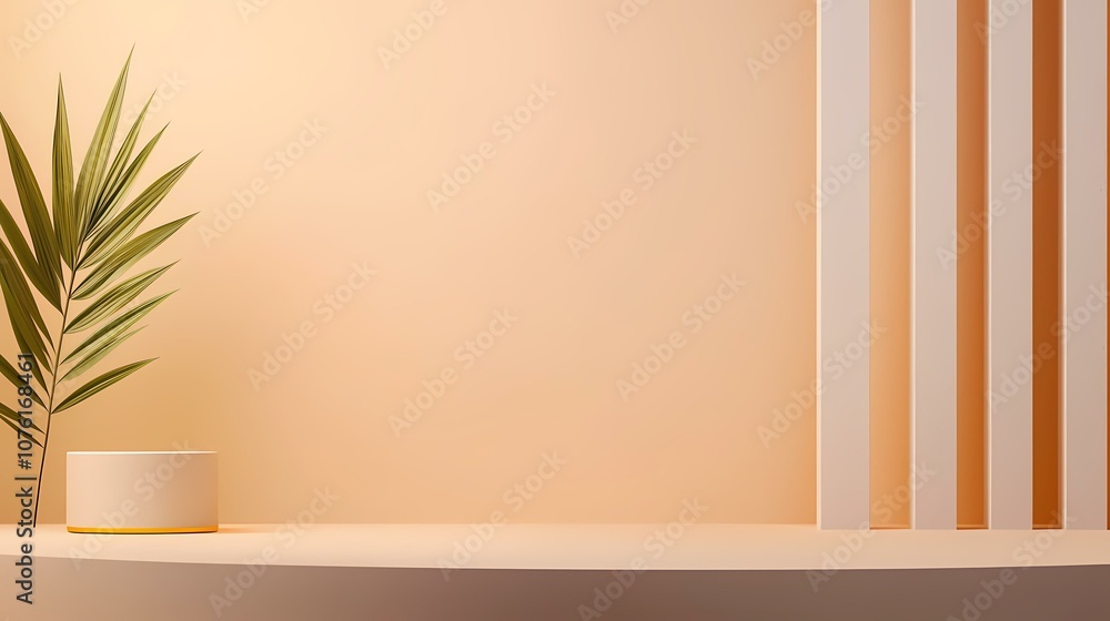 A white cylinder podium sits on a curved platform, lit by warm light. The platform rests against a light peach background, with a green palm leaf on the left. A series of white vertical bars on the A white cylinder podium sits on a curved platform, lit by warm light. The platform rests against a light peach background, with a green palm leaf on the left. A series of white vertical bars on the