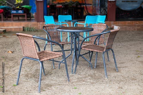 Tables and chairs for outdoor dining in a restaurant