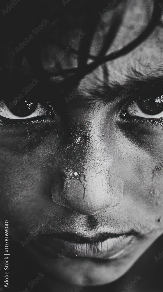 A close-up portrait of a young boy with intense eyes and a somber expression. A close-up portrait of a young boy with intense eyes and a somber expression.