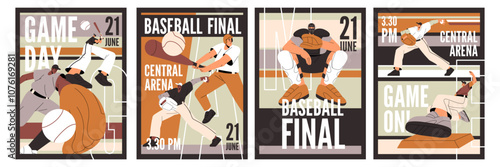 Baseball match event posters designs set. Promotion templates of sports competition. Sportsmen in helmet play, throw ball. Professional players in uniform hit with bat. Flat vector illustrations