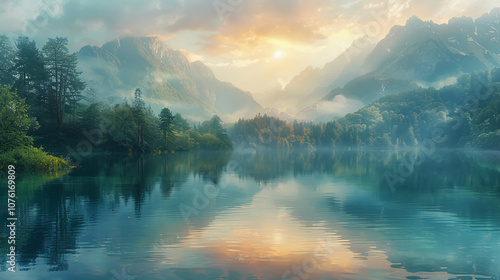 Serene Mountain Lake With Misty Forest and Sunrise Reflections

