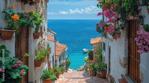 Scenic coastal view with colorful flowers and a tranquil sea.