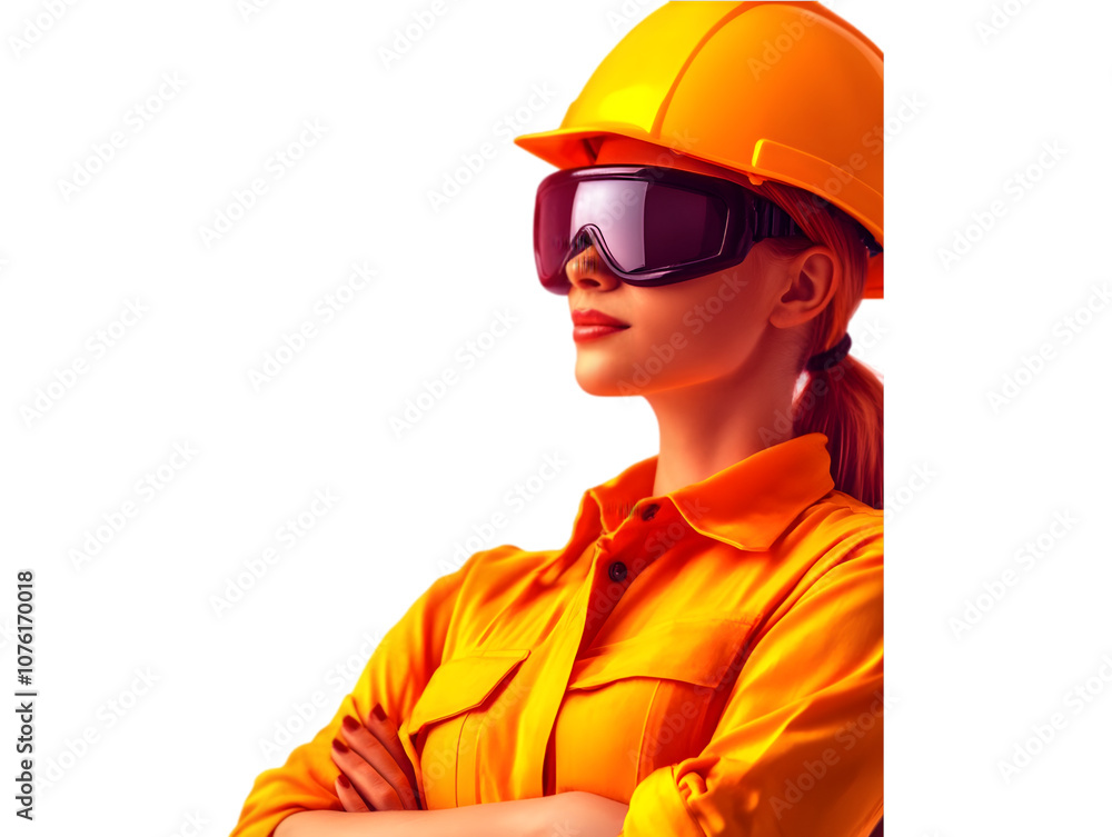 Confident female construction worker in safety gear, white isolate background. Confident female construction worker in safety gear, white isolate background.