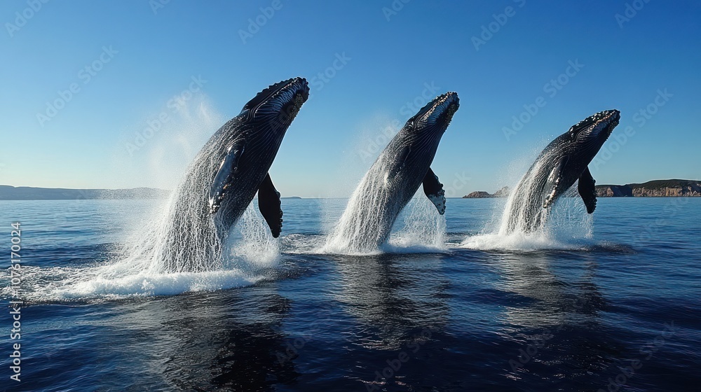 Fototapeta premium Three Humpback Whales Leaping Out of the Ocean
