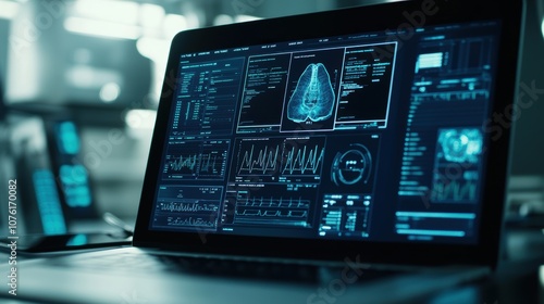 Close-up view of a laptop displaying a medical database interface with health statistics, patient data, and digital security elements in a modern workspace. Professional medical technology setup.