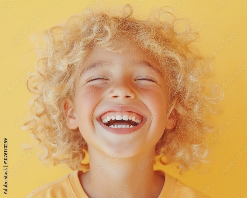 Pure Joy Close-Up of Happy Child Laughing Against Vibrant Yellow Background Pure Joy Close-Up of Happy Child Laughing Against Vibrant Yellow Background