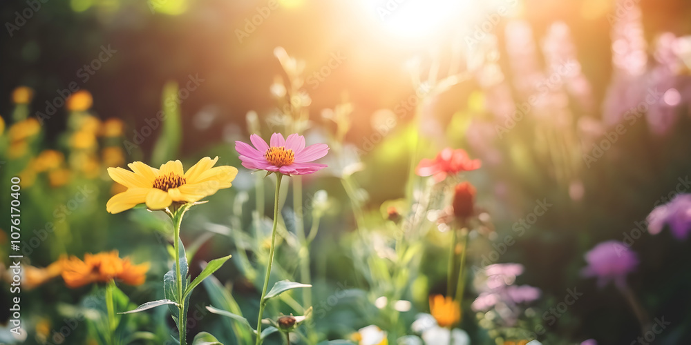 Obraz premium Golden Hour Meadow: Vibrant wildflowers bathed in the warm glow of sunset, a picturesque scene of natural beauty and serenity. 