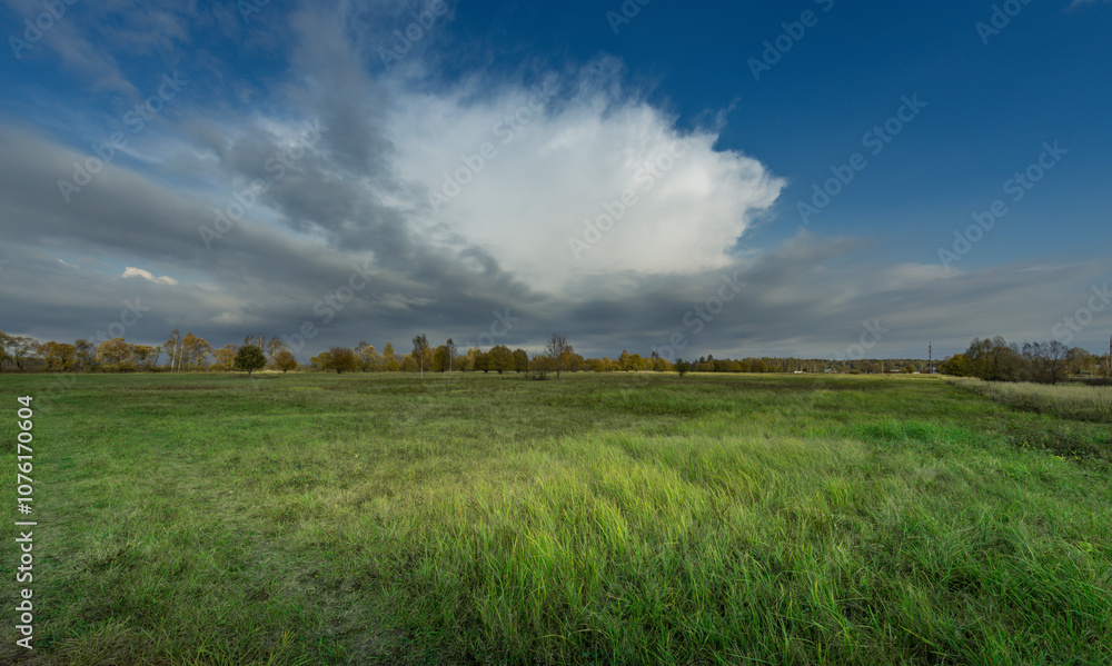 A large cloud is in the sky over a field of grass A large cloud is in the sky over a field of grass