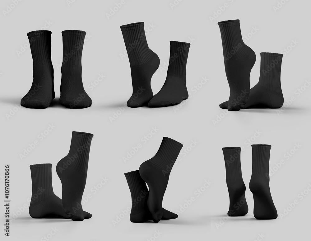 Mockup of black medium socks 3D rendering, foot wear, for design, branding, front, side, back view. Set Mockup of black medium socks 3D rendering, foot wear, for design, branding, front, side, back view. Set