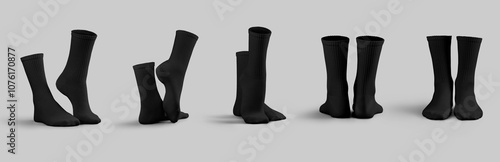 Long black socks mockup 3D rendering, diverse presentation of gaiters for feet, front, side, back view, for design, branding. Set