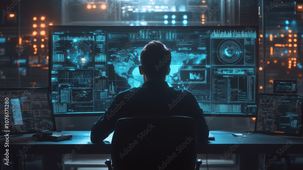 A person observes a high-tech control center filled with digital screens displaying data and global information. A person observes a high-tech control center filled with digital screens displaying data and global information.