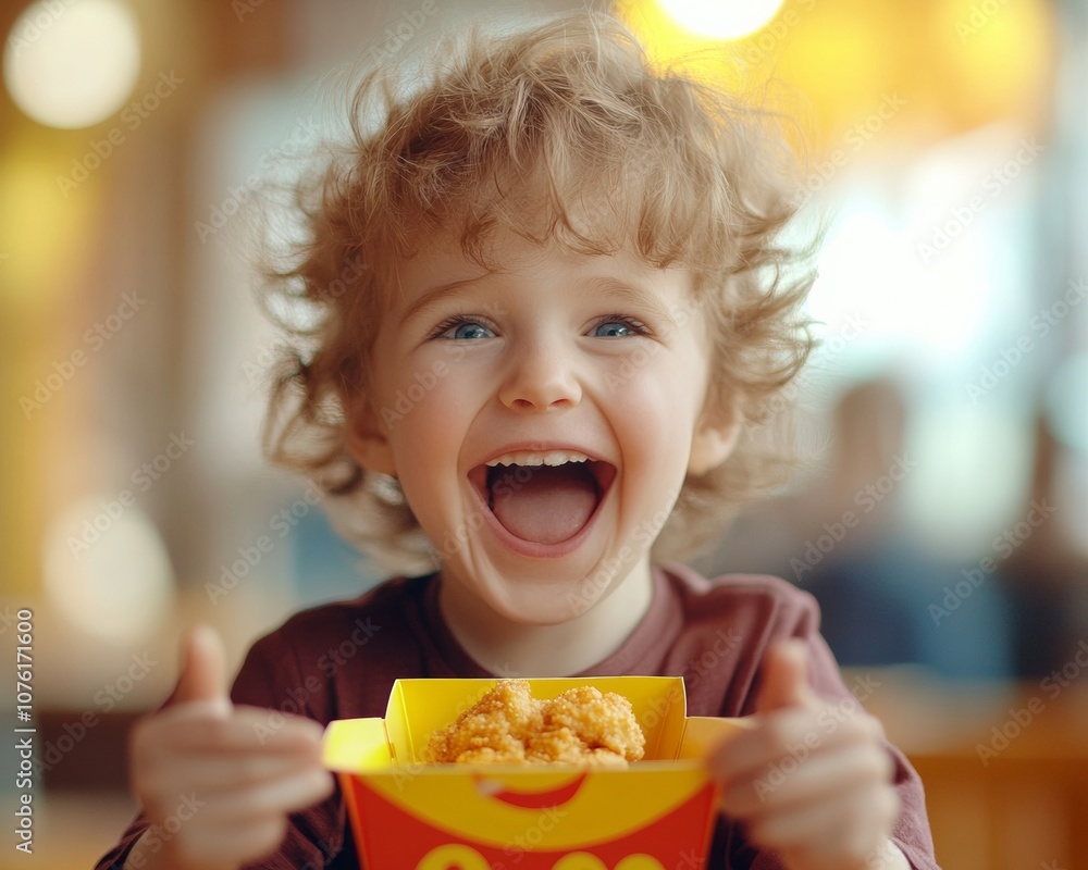 Joyful Child with Kids Meal Box in Bright Indoor Setting