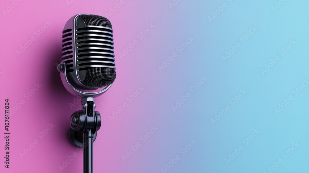 Fototapeta premium Retro microphone on a vibrant pink and blue gradient background