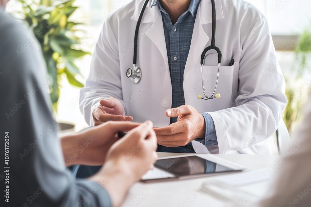 A doctor in a lab coat and a patient in casual clothing having a conversation in a medical setting A doctor in a lab coat and a patient in casual clothing having a conversation in a medical setting