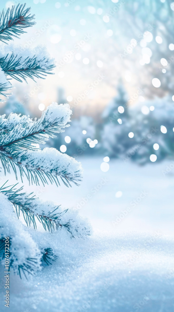 Beautiful winter background image of snow-covered fir branches close-up against a background of small snow drifts with Christmas bokeh lights, space for text Beautiful winter background image of snow-covered fir branches close-up against a background of small snow drifts with Christmas bokeh lights, space for text