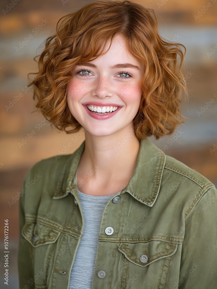 Cheerful young woman with short curly hair wearing casual outfit posing against a textured background, embodying confidence and joy in her expression. Cheerful young woman with short curly hair wearing casual outfit posing against a textured background, embodying confidence and joy in her expression.
