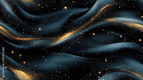 Elegant black and gold abstract background with flowing waves and sparkling stars