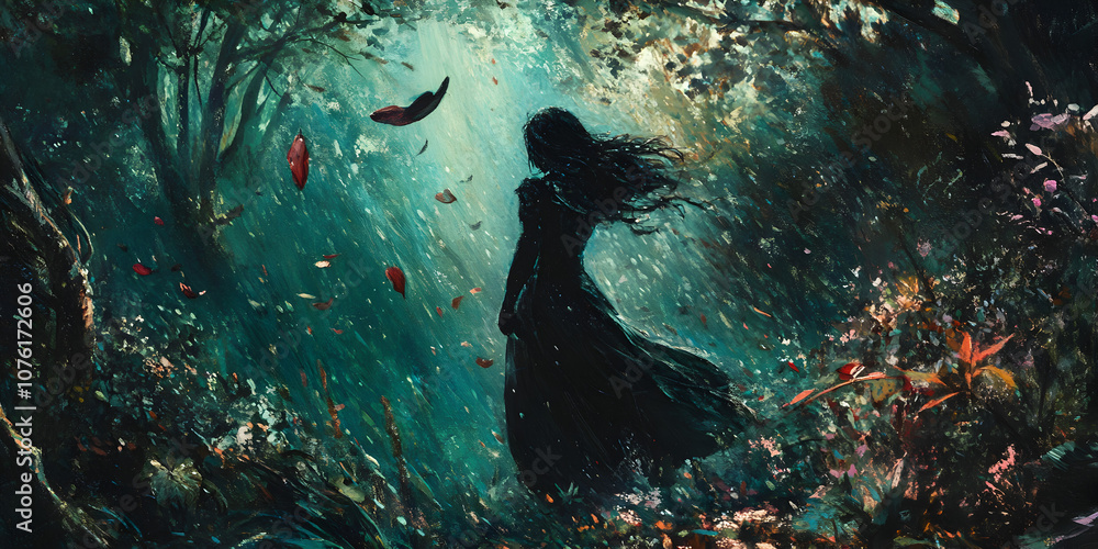 Obraz premium Enchanted Forest: A mysterious woman in a flowing black dress stands amidst a vibrant, enchanted forest, surrounded by falling leaves and mystical flora. The scene evokes a sense of wonder, mystery.