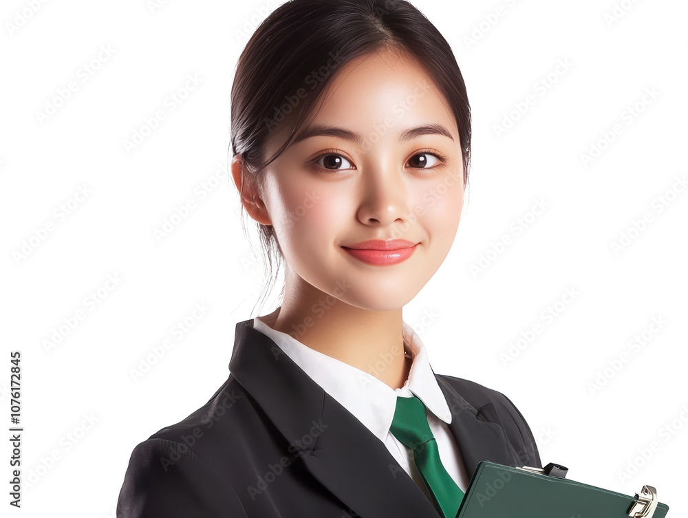 Confident businesswoman in stylish suit holds folder, portrait of professionalism and success in the corporate world Confident businesswoman in stylish suit holds folder, portrait of professionalism and success in the corporate world
