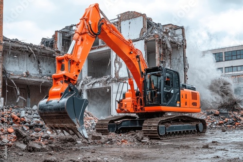 Excavator demolishing old building with dust cloud: destruction and urban renewal project