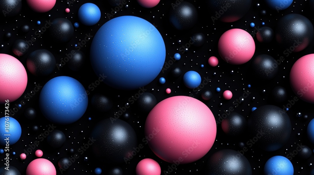 Vibrant abstract sphere pattern with blue, pink, and black balls on a dark background Vibrant abstract sphere pattern with blue, pink, and black balls on a dark background