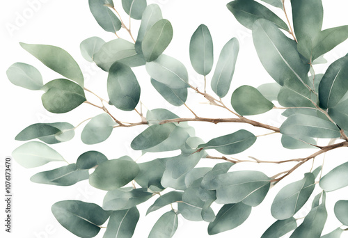 white card silver green eucalyptus olated watercolor leaves background floral dollar branch