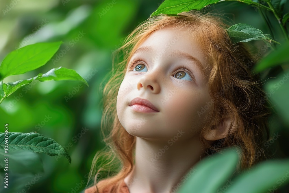 Redhead girl looking up, exploring nature and discovering the beauty of green leaves Redhead girl looking up, exploring nature and discovering the beauty of green leaves