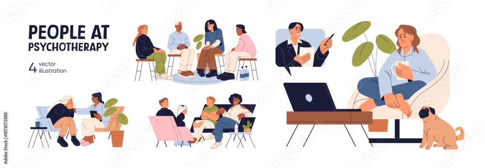People are at psychotherapy sessions set. Psychological support in group therapy. Psychotherapists, psychologists help with mental disorders of patients. Flat isolated vector illustrations on white People are at psychotherapy sessions set. Psychological support in group therapy. Psychotherapists, psychologists help with mental disorders of patients. Flat isolated vector illustrations on white