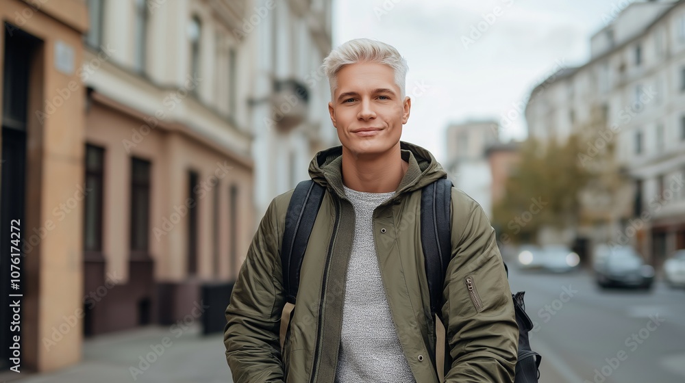 Stylish Senior Model with Pixie Cut Smiling Confidently in Urban Setting, Showcasing Modern Fashion and Youthful Spirit Amid Cityscape Stylish Senior Model with Pixie Cut Smiling Confidently in Urban Setting, Showcasing Modern Fashion and Youthful Spirit Amid Cityscape