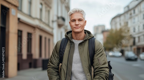 Stylish Senior Model with Pixie Cut Smiling Confidently in Urban Setting, Showcasing Modern Fashion and Youthful Spirit Amid Cityscape