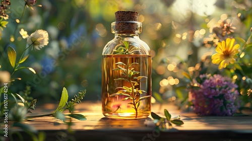 Transparent glass bottle with yellow oil and eucalyptus branch, Cosmetic product, Ukraine.