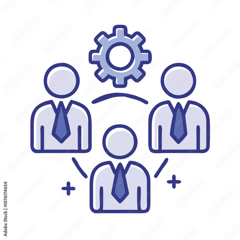 Team collaboration with cogwheel icon, Illustration of three business figures connected by lines with a cogwheel above, representing teamwork and project management.
Team collaboration with cogwheel icon, Illustration of three business figures connected by lines with a cogwheel above, representing teamwork and project management.