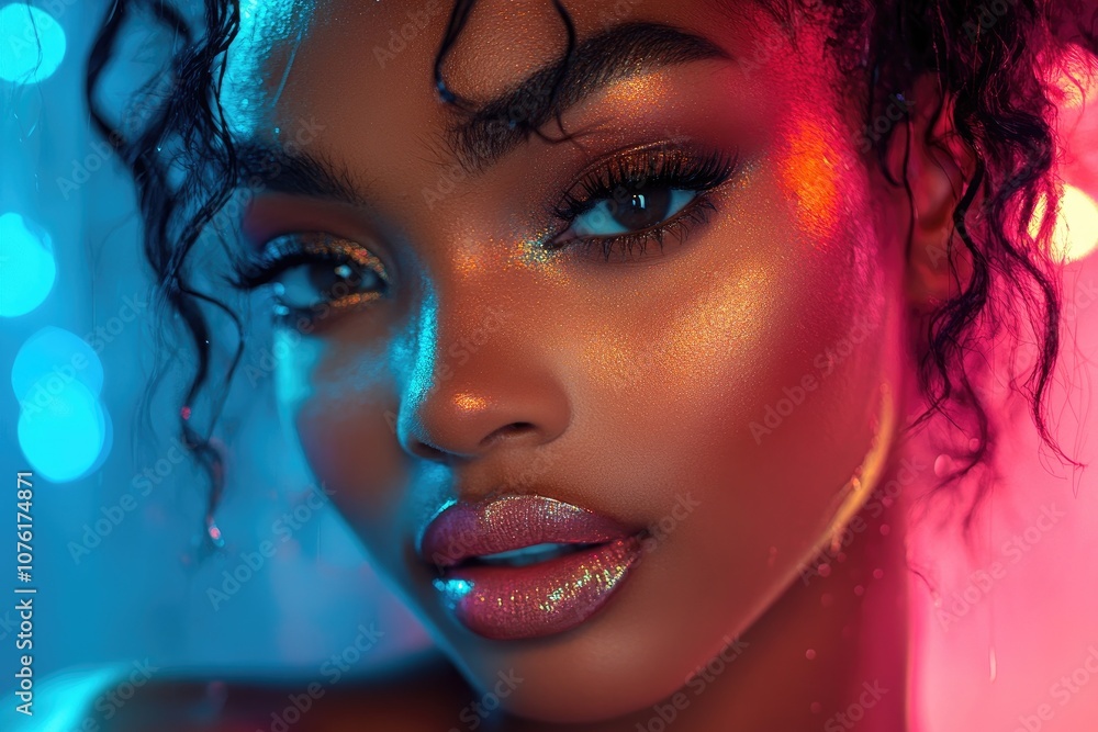 Beautiful black woman with glittery makeup posing under colorful lights Beautiful black woman with glittery makeup posing under colorful lights