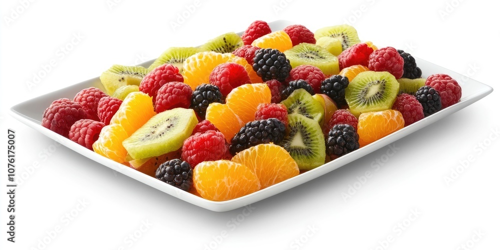 A refreshing fruit salad featuring a delightful combination of mixed berries, juicy orange segments, and slices of kiwi for a burst of flavor.