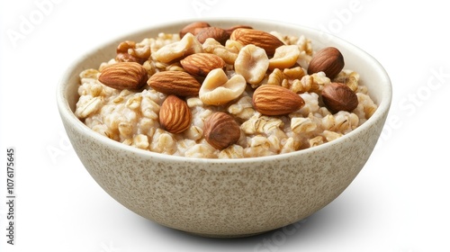 A bowl of oatmeal adorned with an assortment of nuts, creating a delightful mix of textures and flavors. The oatmeal presents a perfect opportunity for a healthy breakfast, with ample space for text.