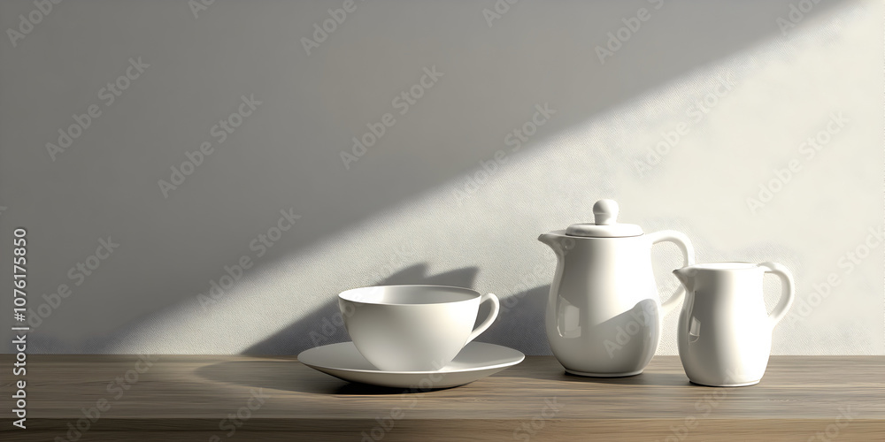 Minimalist Tea Time: A serene and minimalist still life featuring a white teacup, saucer, teapot, and creamer, bathed in soft, natural light. The composition evokes a sense of calm and tranquility. Minimalist Tea Time: A serene and minimalist still life featuring a white teacup, saucer, teapot, and creamer, bathed in soft, natural light. The composition evokes a sense of calm and tranquility.