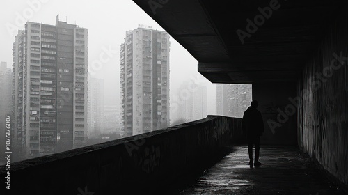 Silhouette of a Man Walking on a Concrete Balcony