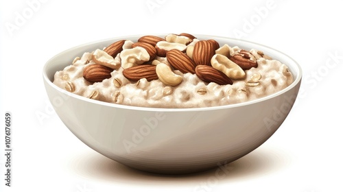 A bowl of oatmeal adorned with an assortment of nuts, creating a delightful mix of textures and flavors. The oatmeal presents a perfect opportunity for a healthy breakfast, with ample space for text.